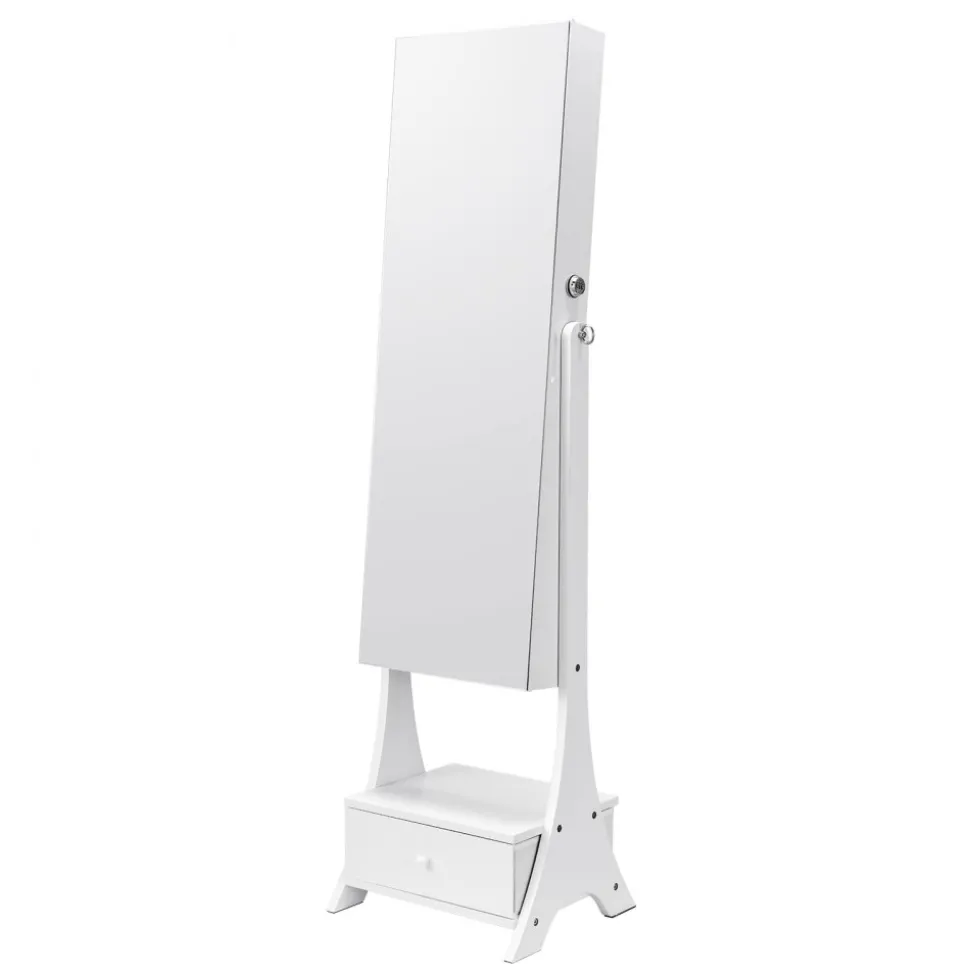 VEVOR Mirror Jewelry Cabinet, Standing Mirror with Storage, Lockable Jewelry Mirror Organizer with Full Length Mirror, Velvet Lining, Interior LED Light, Drawer, Freestanding Jewelry Armoire, White