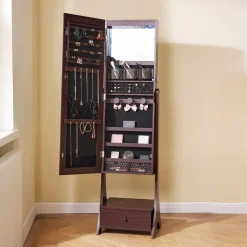 VEVOR Mirror Jewelry Cabinet, Standing Mirror with Storage, Lockable Jewelry Mirror Organizer with Full Length Mirror, Velvet Lining, Interior LED Light, Drawer, Freestanding Jewelry Armoire, Brown