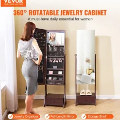VEVOR Mirror Jewelry Cabinet, Standing Mirror with Storage, Lockable Jewelry Mirror Organizer with Full Length Mirror, Velvet Lining, Interior LED Light, Drawer, Freestanding Jewelry Armoire, Brown