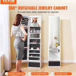VEVOR Mirror Jewelry Cabinet, 360° Swivel Standing Mirror with Storage, Lockable Jewelry Mirror Organizer with Full Length Mirror, Velvet Lining, LED Light, Drawer, Freestanding Jewelry Armoire, White