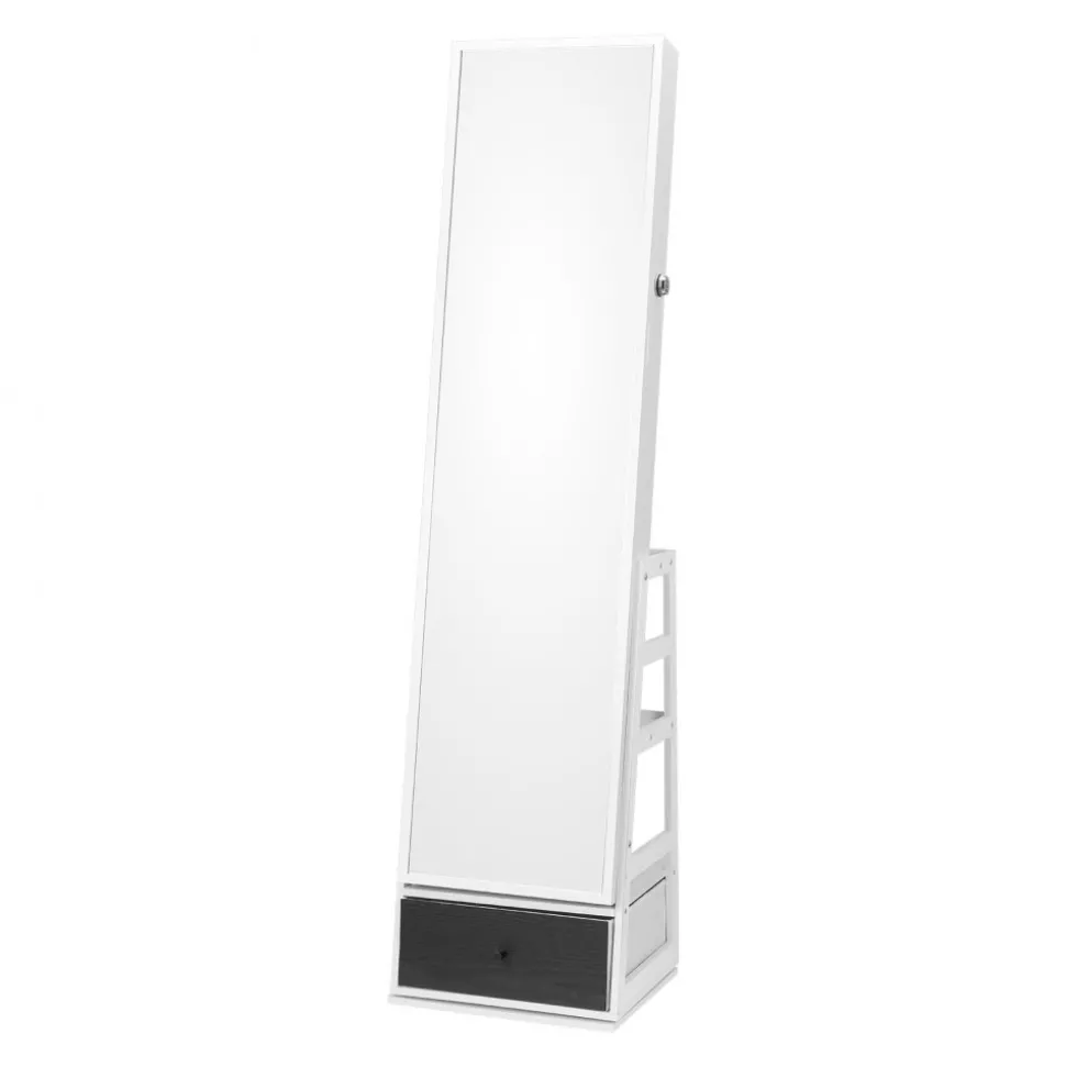 VEVOR Mirror Jewelry Cabinet, 360° Swivel Standing Mirror with Storage, Lockable Jewelry Mirror Organizer with Full Length Mirror, Velvet Lining, LED Light, Drawer, Freestanding Jewelry Armoire, White