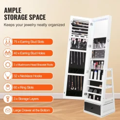 VEVOR Mirror Jewelry Cabinet, 360° Swivel Standing Mirror with Storage, Lockable Jewelry Mirror Organizer with Full Length Mirror, Velvet Lining, LED Light, Drawer, Freestanding Jewelry Armoire, White