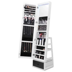 VEVOR Mirror Jewelry Cabinet, 360° Swivel Standing Mirror with Storage, Lockable Jewelry Mirror Organizer with Full Length Mirror, Velvet Lining, LED Light, Drawer, Freestanding Jewelry Armoire, White