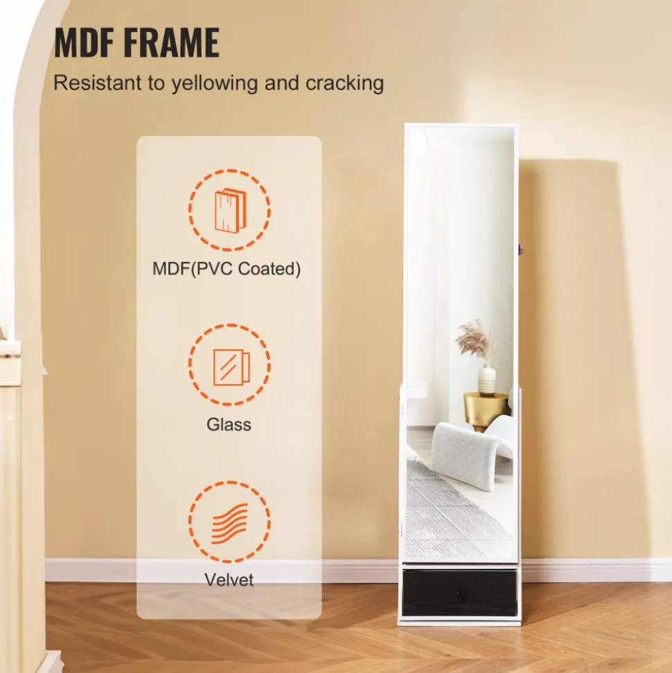 VEVOR Mirror Jewelry Cabinet, 360° Swivel Standing Mirror with Storage, Lockable Jewelry Mirror Organizer with Full Length Mirror, Velvet Lining, LED Light, Drawer, Freestanding Jewelry Armoire, White
