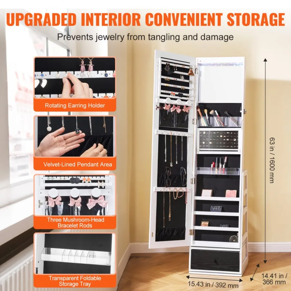 VEVOR Mirror Jewelry Cabinet, 360° Swivel Standing Mirror with Storage, Lockable Jewelry Mirror Organizer with Full Length Mirror, Velvet Lining, LED Light, Drawer, Freestanding Jewelry Armoire, White