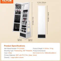 VEVOR Mirror Jewelry Cabinet, 360° Swivel Standing Mirror with Storage, Lockable Jewelry Mirror Organizer with Full Length Mirror, Velvet Lining, LED Light, Drawer, Freestanding Jewelry Armoire, White