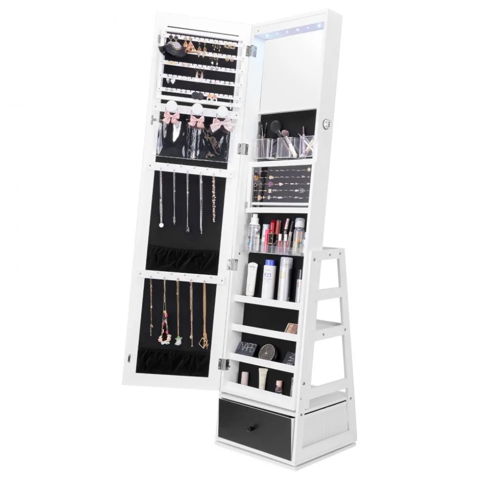 VEVOR Mirror Jewelry Cabinet, 360° Swivel Standing Mirror with Storage, Lockable Jewelry Mirror Organizer with Full Length Mirror, Velvet Lining, LED Light, Drawer, Freestanding Jewelry Armoire, White