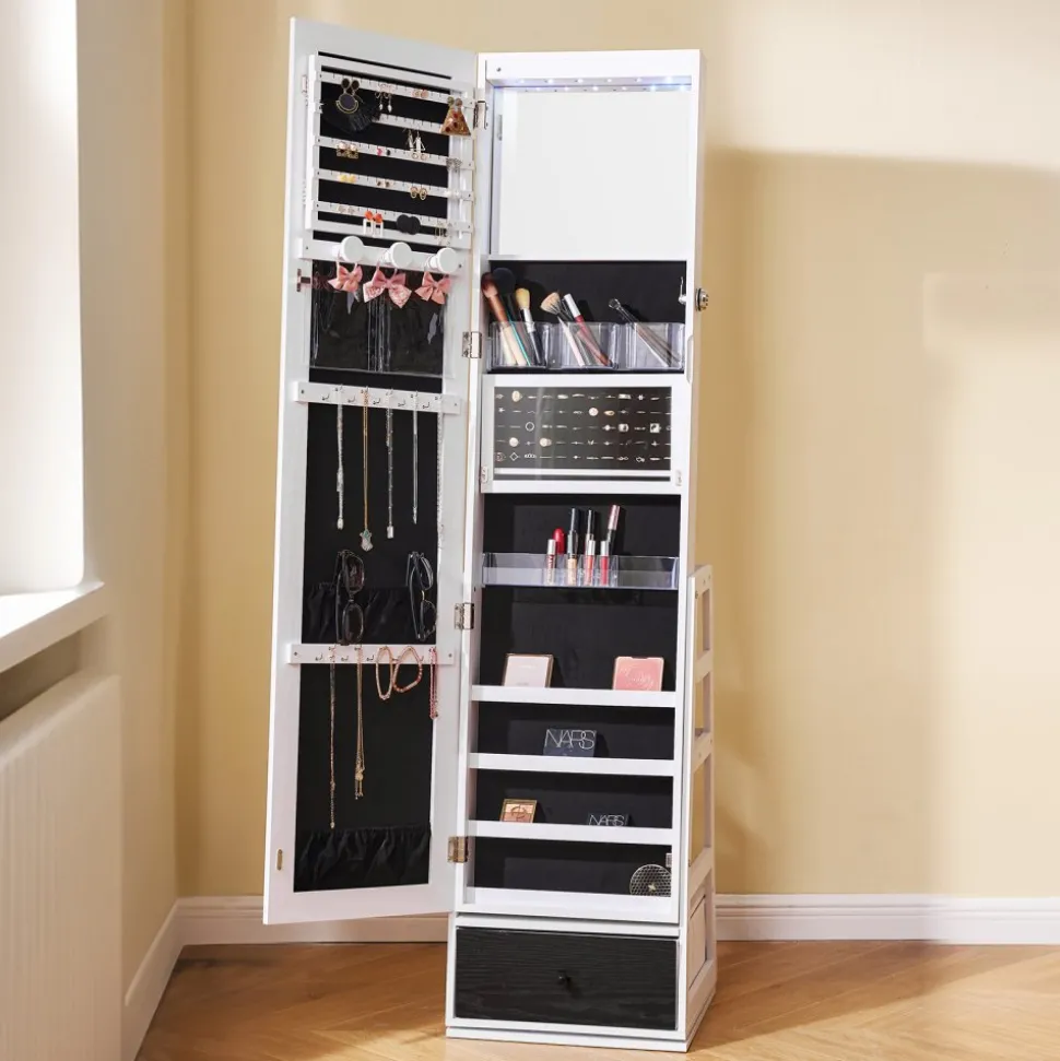 VEVOR Mirror Jewelry Cabinet, 360° Swivel Standing Mirror with Storage, Lockable Jewelry Mirror Organizer with Full Length Mirror, Velvet Lining, LED Light, Drawer, Freestanding Jewelry Armoire, White