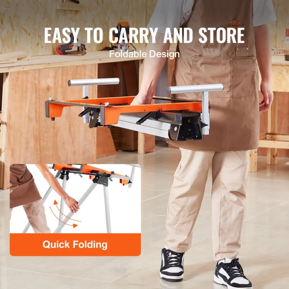 VEVOR Miter Saw Stand, 300lbs Load Capacity Steel Collapsible Stand for Miter Saw with One-piece Mounting Brackets Clamps, Adjustable Height and Length, Portable Compact and Folding Miter Saw Stand