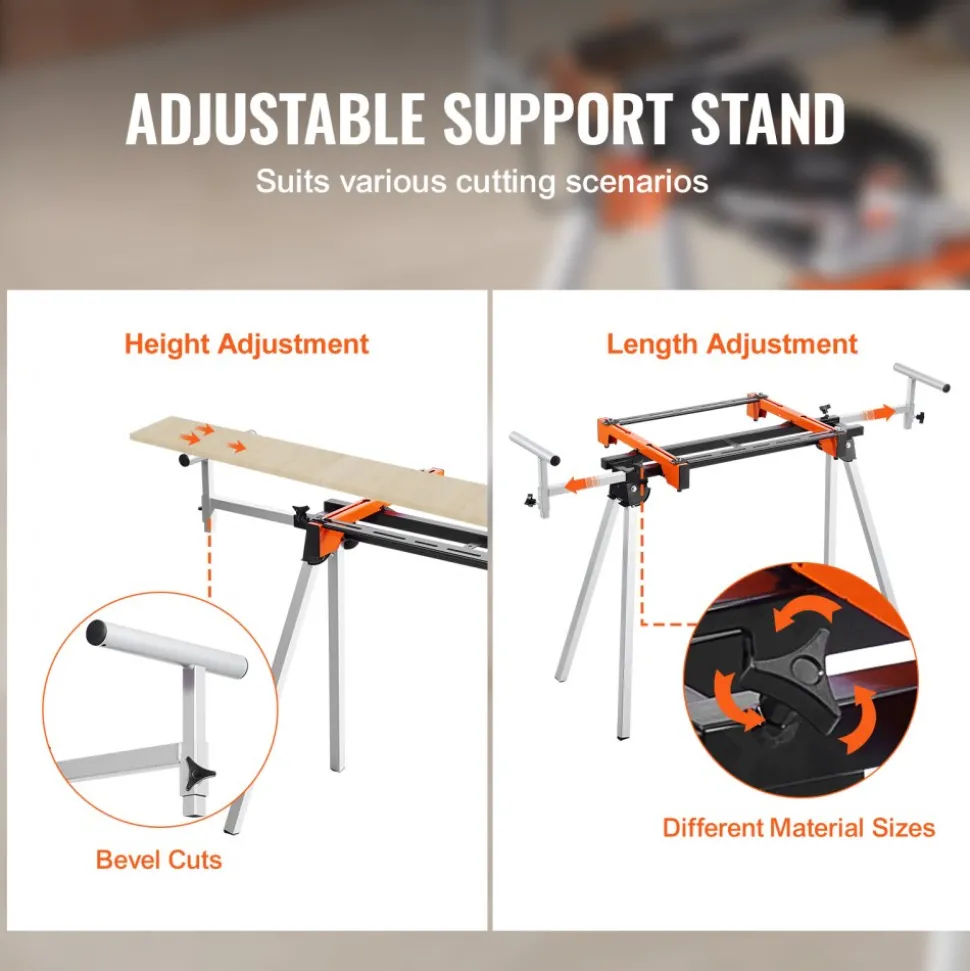 VEVOR Miter Saw Stand, 300lbs Load Capacity Steel Collapsible Stand for Miter Saw with One-piece Mounting Brackets Clamps, Adjustable Height and Length, Portable Compact and Folding Miter Saw Stand