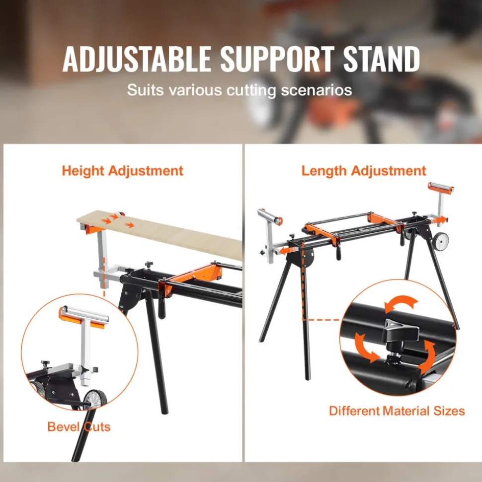 VEVOR Miter Saw Stand, 550lbs Load Capacity Steel Collapsible Stand for Miter Saw with One-piece Mounting Brackets Clamps, Adjustable Height and Length, Portable Compact and Folding Miter Saw Stand