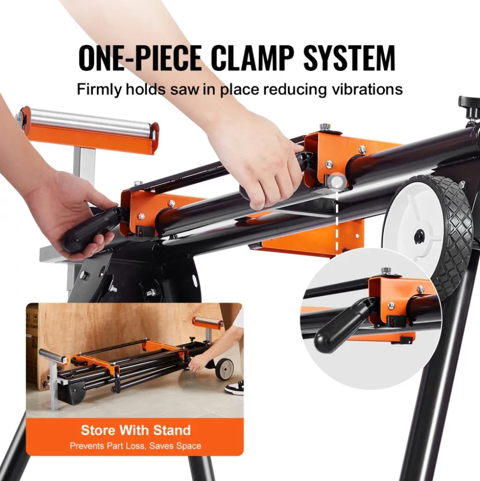 VEVOR Miter Saw Stand, 550lbs Load Capacity Steel Collapsible Stand for Miter Saw with One-piece Mounting Brackets Clamps, Adjustable Height and Length, Portable Compact and Folding Miter Saw Stand