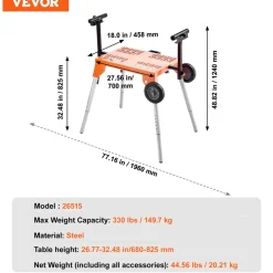 VEVOR Miter Saw Stand with Tabletop and Wheels, 330lbs Load Capacity Steel Collapsible Rolling Stand for Miter Saw, Adjustable Height and Length, Portable Compact and Folding Miter Saw Stand