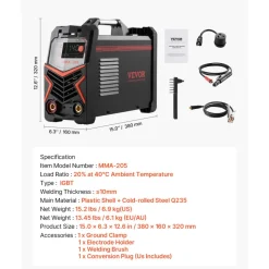VEVOR MMA Welder, 205A 2-in-1 MMA Lift TIG Stick Welding Machine, 110/220V Dual Voltage IGBT Inverter Welder Machine with Digital Display, Hot Start Arc Force Anti-Stick (Lift Torch Not Included)