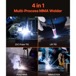 VEVOR MMA Welder, 140A 4-in-1 Welding Machine - MMA (Stick)/DC Pulse MMA/DC Pulse TIG/Lift TIG, 110 & 220V Dual Voltage Electric Welder with LED Display, Synergic Control, IGBT Inverter Hot Start