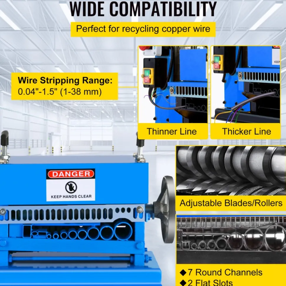 VEVOR 1.5-40MM Electric Cable Stripping Machine 370W, Efficiently Strips Various Metal Wires, Includes 10 Blades, Speeds Up to 15M/Min
