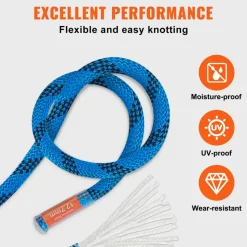 VEVOR 12.7mm Static Climbing Rope, 45.7M(150ft) Outdoor Rock Climbing Rope 30KN Breaking Tension, Fiber Rope with Steel Snap Hooks for Escape, Rappelling, Fire Rescue, Blue