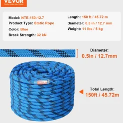 VEVOR 12.7mm Static Climbing Rope, 45.7M(150ft) Outdoor Rock Climbing Rope 30KN Breaking Tension, Fiber Rope with Steel Snap Hooks for Escape, Rappelling, Fire Rescue, Blue
