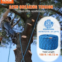 VEVOR 12.7mm Static Climbing Rope, 45.7M(150ft) Outdoor Rock Climbing Rope 30KN Breaking Tension, Fiber Rope with Steel Snap Hooks for Escape, Rappelling, Fire Rescue, Blue