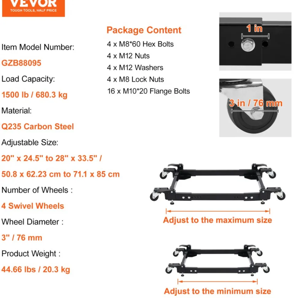 VEVOR Mobile Base, 1500 lbs Capacity, Adjustable from 20" x 24.5" to 28" x 33.5", Heavy Duty Universal Mobile Base Stand with 4 Swivel Wheels, for Woodworking Equipment, Bandsaw, Power Tool, Machine