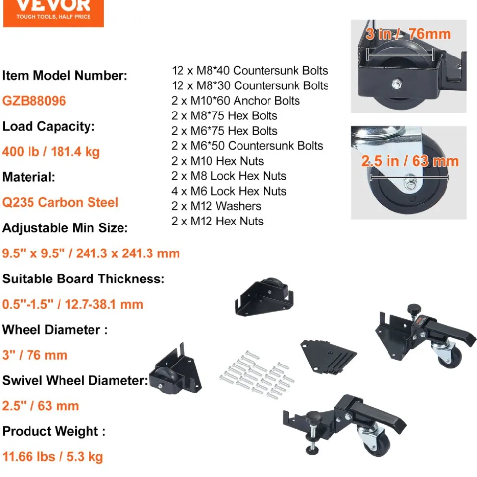 VEVOR Mobile Base, 400 lbs Weight Capacity, Adjustable from 9.5" x 9.5" to Infinity, Heavy Duty Universal Mobile Base Stand with Swivel Wheels for Woodworking Equipment, Bandsaw, Power Tools, Machines