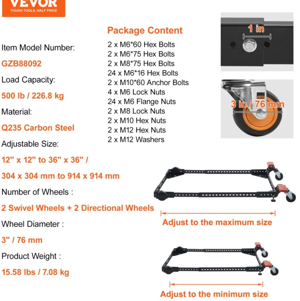 VEVOR Mobile Base, 500 lbs Weight Capacity, Adjustable from 12" x 12" to 36" x 36", Heavy Duty Universal Mobile Base Stand with Swivel Wheels, for Woodworking Equipment, Bandsaw, Power Tools, Machines