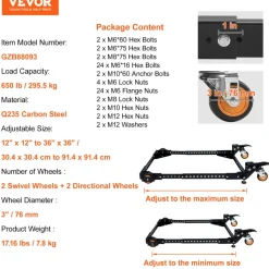 VEVOR Mobile Base, 650 lbs Weight Capacity, Adjustable from 12" x 12" to 36" x 36", Heavy Duty Universal Mobile Base Stand with Swivel Wheels, for Woodworking Equipment, Bandsaw, Power Tools, Machines
