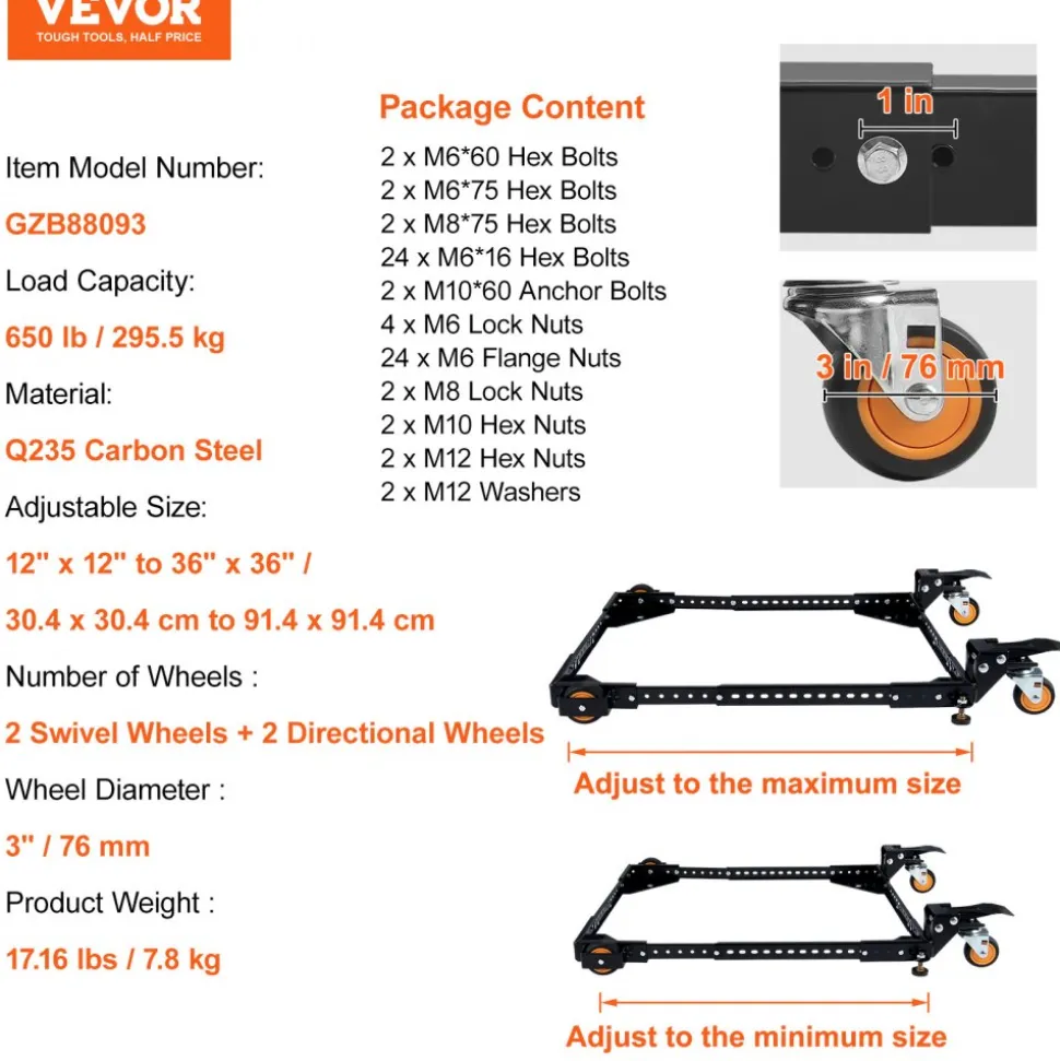 VEVOR Mobile Base, 650 lbs Weight Capacity, Adjustable from 12" x 12" to 36" x 36", Heavy Duty Universal Mobile Base Stand with Swivel Wheels, for Woodworking Equipment, Bandsaw, Power Tools, Machines