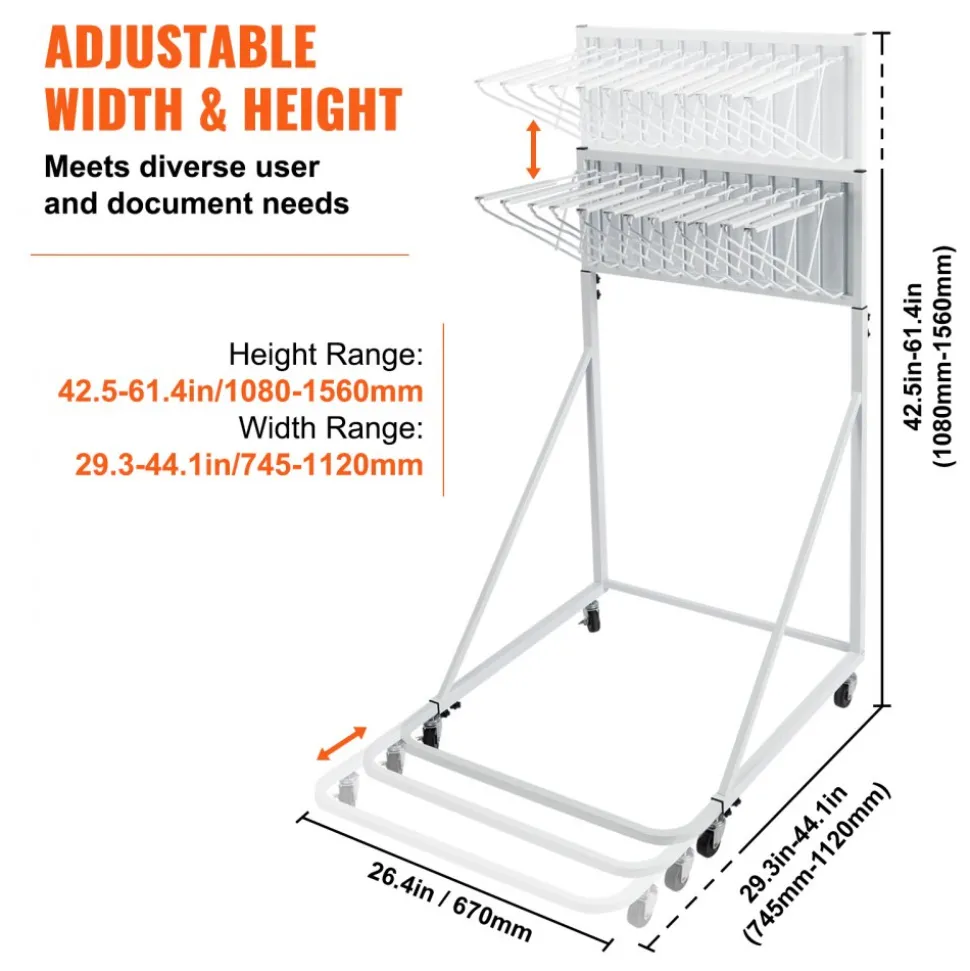 VEVOR Mobile Blueprint Storage Rack, Plan Holder with 12 Pivot Brackets, Mobile Blueprint Holder Adjustable Height & Length, Poster Display Rack for Office and Home (Rack Only Without Clamps)