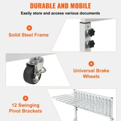 VEVOR Mobile Blueprint Storage Rack, Plan Holder with 12 Pivot Brackets, Mobile Blueprint Holder Adjustable Height & Length, Poster Display Rack for Office and Home (Rack Only Without Clamps)
