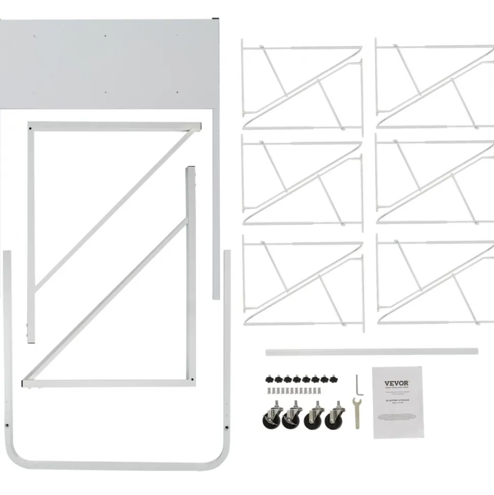 VEVOR Mobile Blueprint Storage Rack, Plan Holder with 12 Pivot Brackets, Mobile Blueprint Holder Adjustable Height & Length, Poster Display Rack for Office and Home (Rack Only Without Clamps)
