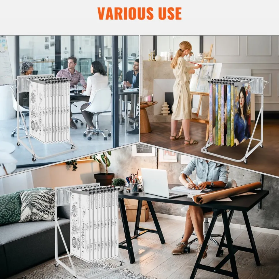 VEVOR Mobile Blueprint Storage Rack, Plan Holder with 12 Pivot Brackets, Mobile Blueprint Holder Adjustable Height & Length, Poster Display Rack for Office and Home (Rack Only Without Clamps)