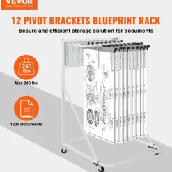 VEVOR Mobile Blueprint Storage Rack, Plan Holder with 12 Pivot Brackets, Mobile Blueprint Holder Adjustable Height & Length, Poster Display Rack for Office and Home (Rack Only Without Clamps)