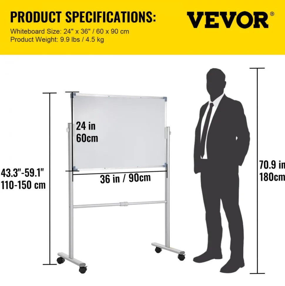 VEVOR Mobile Magnetic Whiteboard, 36 x 24 Inch, Double Sided, 360 Degree Reversible Rolling Dry Erase Board, Height Adjustable with Aluminum Frame and Lockable Swivel Wheels, for Office School Home