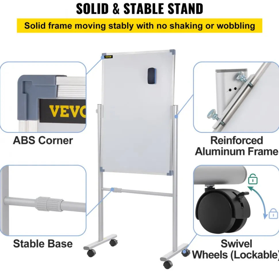 VEVOR Mobile Magnetic Whiteboard, 36 x 24 Inch, Double Sided, 360 Degree Reversible Rolling Dry Erase Board, Height Adjustable with Aluminum Frame and Lockable Swivel Wheels, for Office School Home