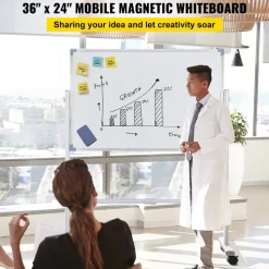 VEVOR Mobile Magnetic Whiteboard, 36 x 24 Inch, Double Sided, 360 Degree Reversible Rolling Dry Erase Board, Height Adjustable with Aluminum Frame and Lockable Swivel Wheels, for Office School Home