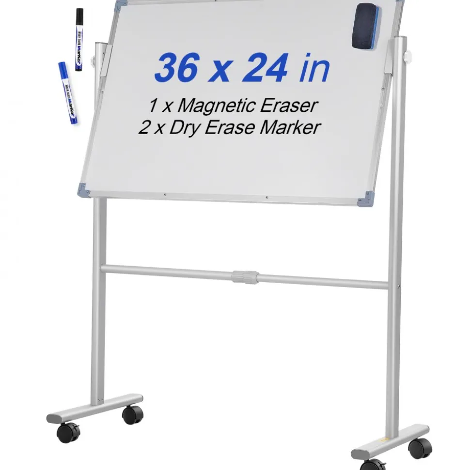 VEVOR Mobile Magnetic Whiteboard, 36 x 24 Inch, Double Sided, 360 Degree Reversible Rolling Dry Erase Board, Height Adjustable with Aluminum Frame and Lockable Swivel Wheels, for Office School Home
