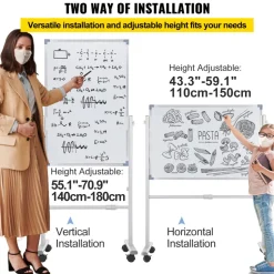 VEVOR Mobile Magnetic Whiteboard, 36 x 24 Inch, Double Sided, 360 Degree Reversible Rolling Dry Erase Board, Height Adjustable with Aluminum Frame and Lockable Swivel Wheels, for Office School Home