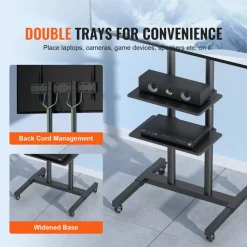 VEVOR Mobile TV Stand, Mobile TV Cart for 32 to 70 inch TVs, Height Adjustable Portable TV Stand with Wheels, Double Tray for Audio-Visual Devices, Rolling TV Stand with Mount for Bedroom, Living Room