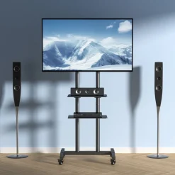 VEVOR Mobile TV Stand, Mobile TV Cart for 32 to 70 inch TVs, Height Adjustable Portable TV Stand with Wheels, Double Tray for Audio-Visual Devices, Rolling TV Stand with Mount for Bedroom, Living Room
