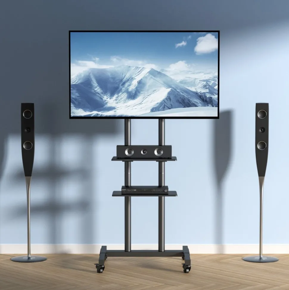 VEVOR Mobile TV Stand, Mobile TV Cart for 32 to 70 inch TVs, Height Adjustable Portable TV Stand with Wheels, Double Tray for Audio-Visual Devices, Rolling TV Stand with Mount for Bedroom, Living Room