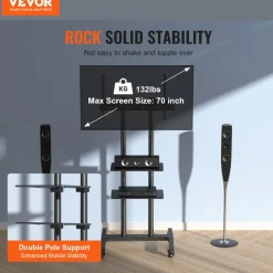 VEVOR Mobile TV Stand, Mobile TV Cart for 32 to 70 inch TVs, Height Adjustable Portable TV Stand with Wheels, Double Tray for Audio-Visual Devices, Rolling TV Stand with Mount for Bedroom, Living Room