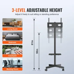 VEVOR Mobile TV Stand, Mobile TV Cart for 23 to 60 inch TVs, Height Adjustable Portable TV Stand with Wheels, with A Tray for Audio-Visual Devices, Rolling TV Stand with Mount for Bedroom, Living Room