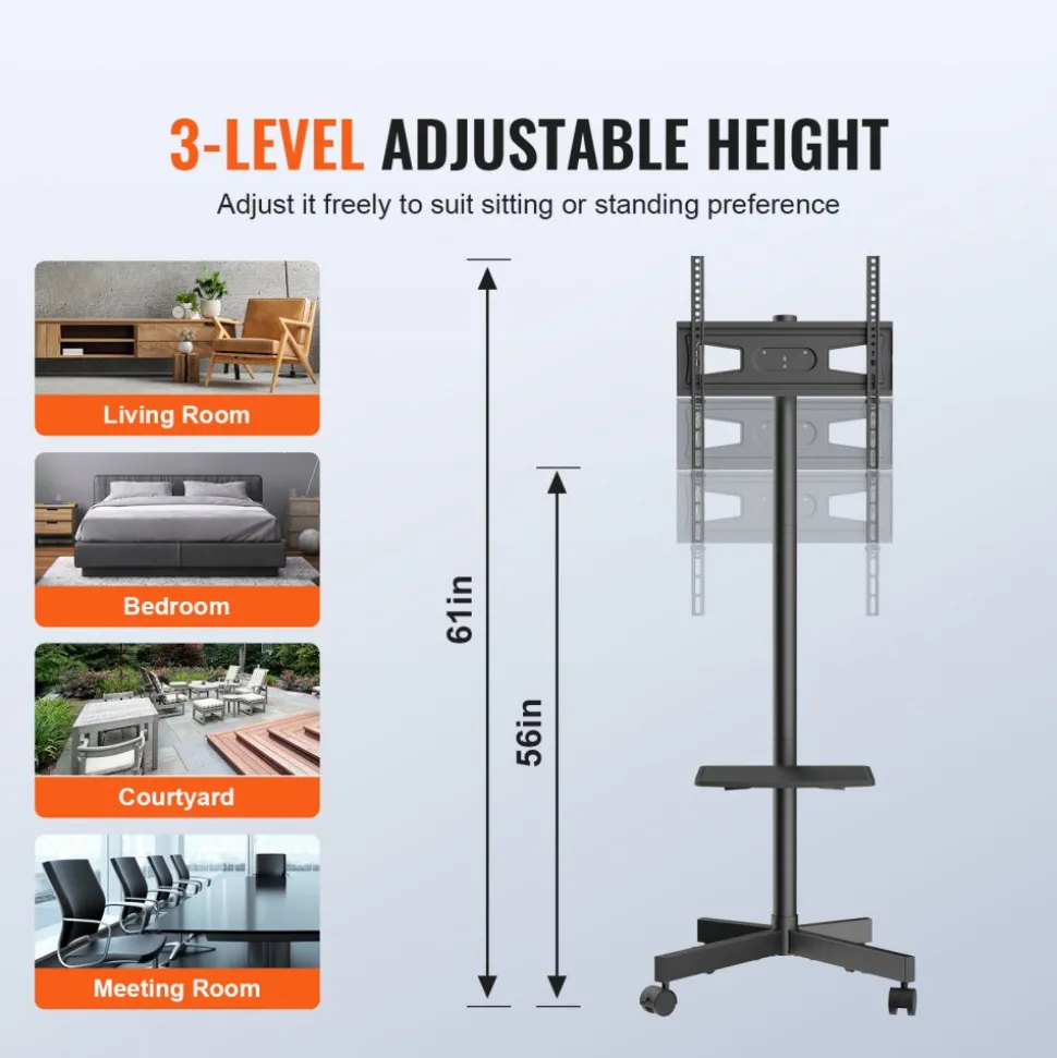 VEVOR Mobile TV Stand, Mobile TV Cart for 23 to 60 inch TVs, Height Adjustable Portable TV Stand with Wheels, with A Tray for Audio-Visual Devices, Rolling TV Stand with Mount for Bedroom, Living Room