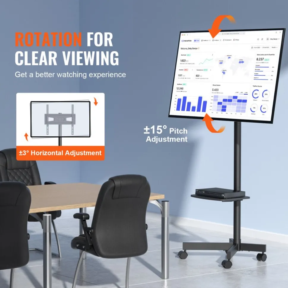 VEVOR Mobile TV Stand, Mobile TV Cart for 23 to 60 inch TVs, Height Adjustable Portable TV Stand with Wheels, with A Tray for Audio-Visual Devices, Rolling TV Stand with Mount for Bedroom, Living Room