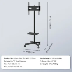 VEVOR Mobile TV Stand, Mobile TV Cart for 23 to 60 inch TVs, Height Adjustable Portable TV Stand with Wheels, with A Tray for Audio-Visual Devices, Rolling TV Stand with Mount for Bedroom, Living Room