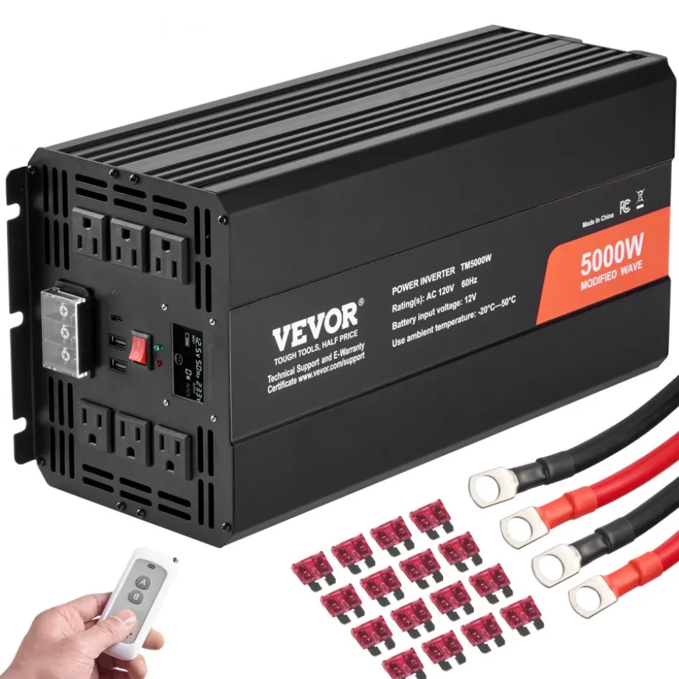 VEVOR Modified Sine Wave Inverter, 5000W, DC 12V to AC 120V Power Inverter with 6 AC Outlets 2 USB Port 1 Type-C Port, LCD Display and Remote Controller for High Load Home Appliances, CE FCC Certified