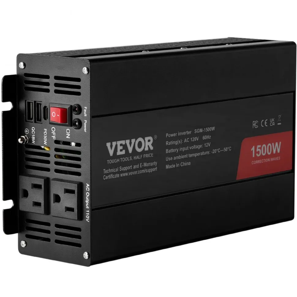 VEVOR Modified Sine Wave Inverter, 1500W, DC 12V to AC 120V Power Inverter with 2 AC Outlets 2 USB Port 1 Type-C Port 6 Spare Fuses, for Small Home Devices like Smartphone Laptop, CE FCC Certified