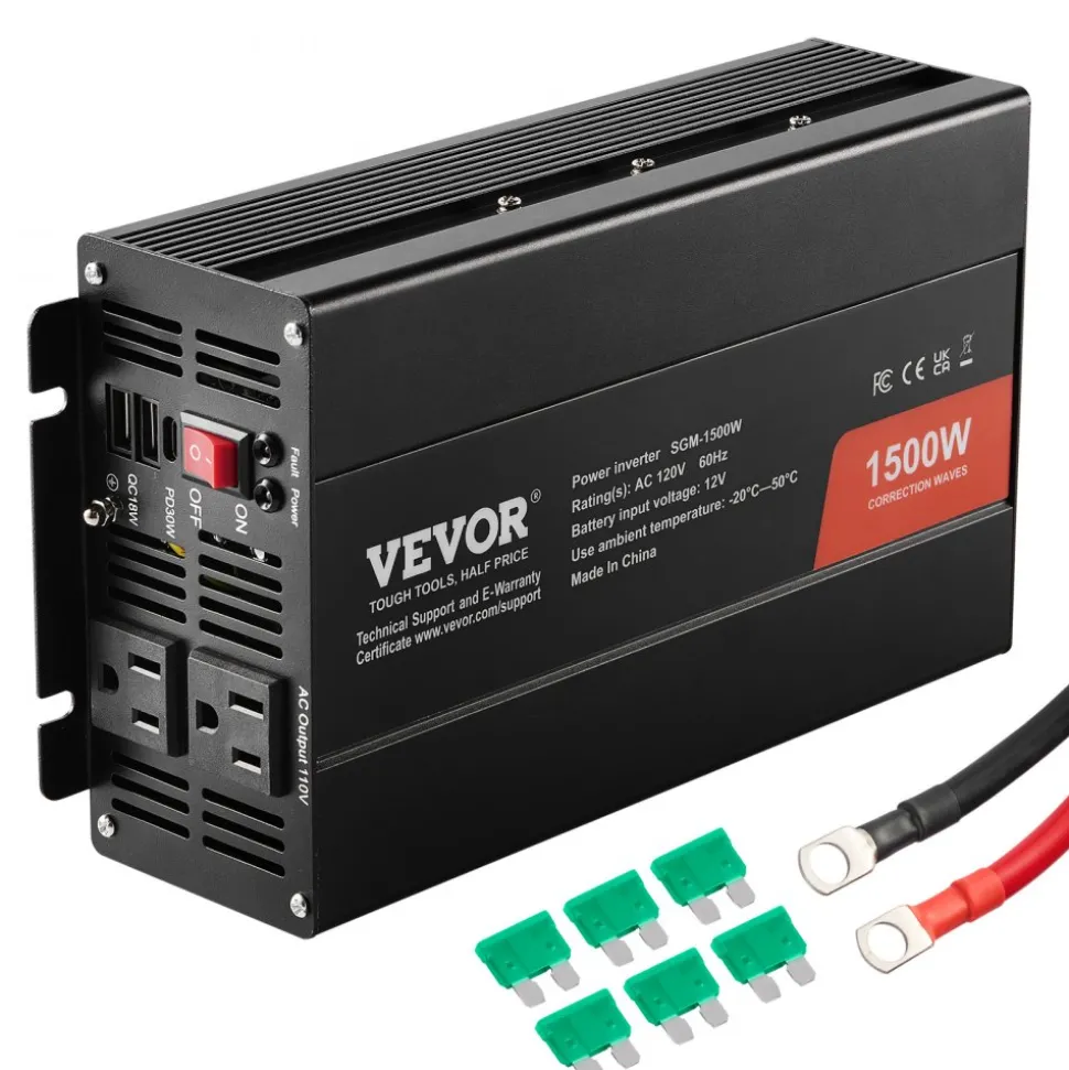 VEVOR Modified Sine Wave Inverter, 1500W, DC 12V to AC 120V Power Inverter with 2 AC Outlets 2 USB Port 1 Type-C Port 6 Spare Fuses, for Small Home Devices like Smartphone Laptop, CE FCC Certified