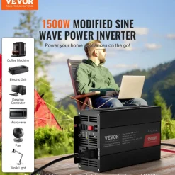 VEVOR Modified Sine Wave Inverter, 1500W, DC 12V to AC 120V Power Inverter with 2 AC Outlets 2 USB Port 1 Type-C Port 6 Spare Fuses, for Small Home Devices like Smartphone Laptop, CE FCC Certified